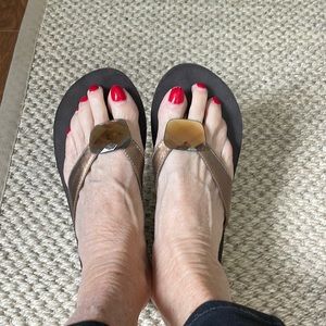 Yellow Box bronze flip flops with jewel